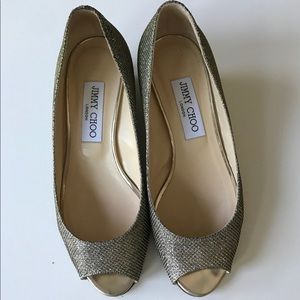 Jimmy Choo low wedge metallic peep toes
